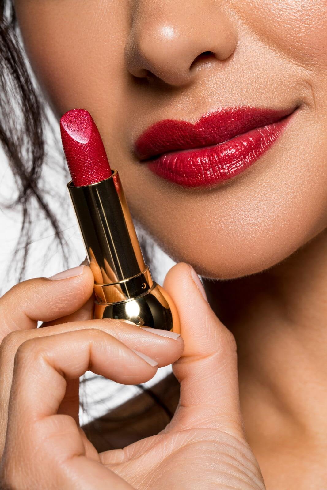 close up studio photography red lipstick